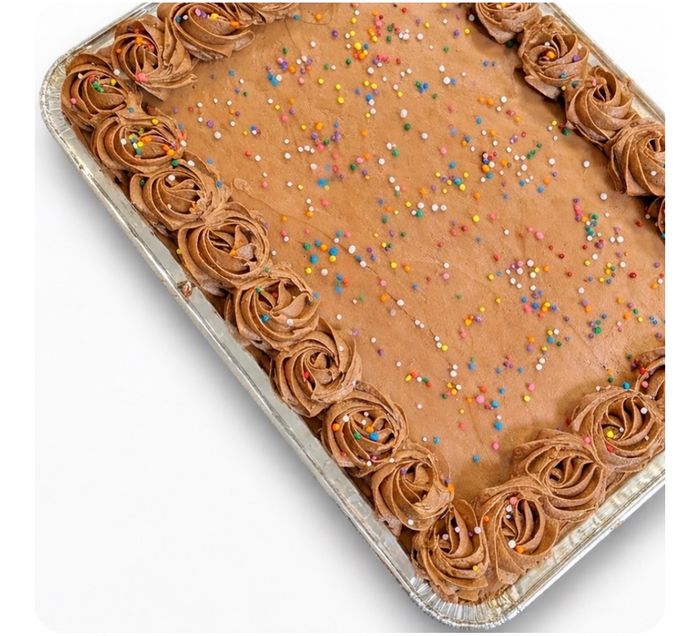 DOUBLE CHOCOLATE SHEET CAKE 9x13 in a pan with a lid